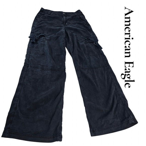 American Eagle Outfitters Pants - American Eagle Cargo Pants Womens 6 Black Lyocell Stretch Baggy Wide Leg Y2K 90s